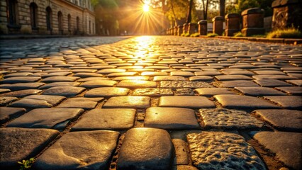 Fototapete - Golden Hour on a Cobblestone Street Sunlight Illuminates a Path Forward