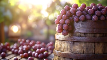 Wall Mural - closeup of a wooden wine barrel surrounded by scattered clusters of ripe juicy red grapes in a seren