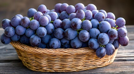 Wall Mural - freshly harvested ripe purple grapes in a rustic wicker basket placed on a wooden table closeup shot
