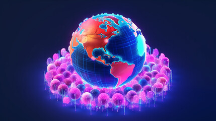 Wall Mural - global network connection concept continents are subtly highlighted in radiant colors against a deep