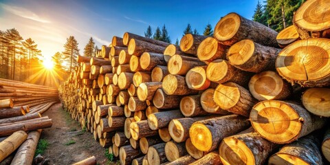 Poster - Golden Hour Lumber Stack in a Pine Forest