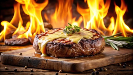 Wall Mural - A perfectly cooked grilled beef steak, topped with melted cheese and placed on a cutting board, with a blazing fire in the background, creating a warm ambiance, cheese, cutlery