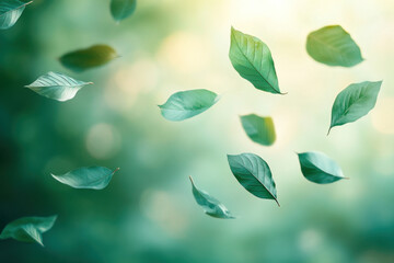 Green leaves flying in the air above a peaceful forest path, illuminated by soft sunlight filtering through the trees.