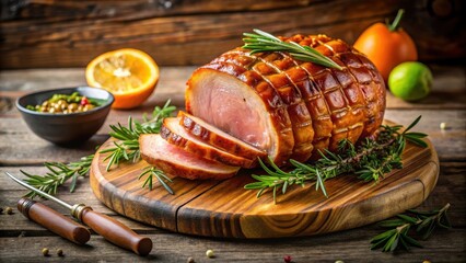 Wall Mural - A glazed ham sitting on a wooden cutting board, with a golden brown glaze covering its surface, surrounded by fresh herbs and citrus slices , traditional sliced honey glazed ham, holiday food