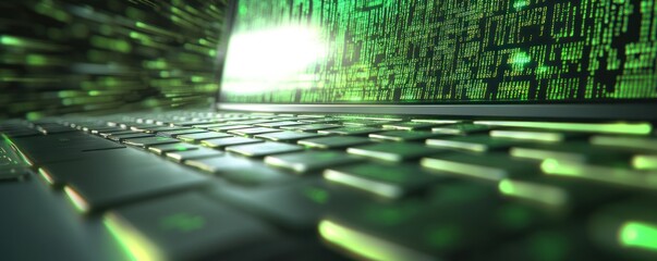 Laptop screen displays coding; blurred background; tech concept