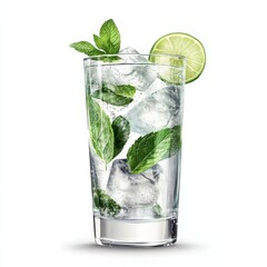 Wall Mural - A classic Mojito cocktail with muddled mint leaves and a lime wedge, served in a tall glass filled with crushed ice, the drink sparkling with bubbles