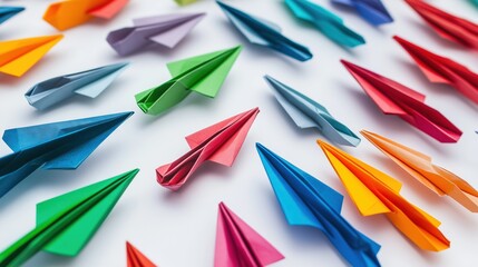 Flat lay of colorful paper airplanes ,Full depth of field, isolated on white background