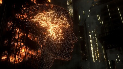 Poster - A head with a brain made of wires and a city in the background