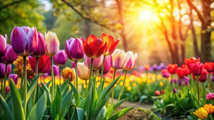 Wall Mural - A row of vibrant spring tulip flowers in a garden, with sunshine and lush greenery surrounding them