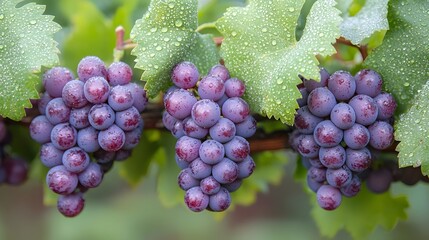 Wall Mural - freshly picked clusters of ripe purple grapes with dew droplets glistening in the morning sunlight o