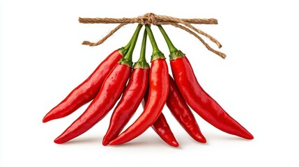 Wall Mural - a photostock of bright red chili peppers tied together in a hanging bunch, isolated on a clean white