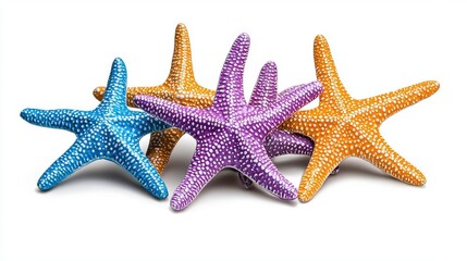 Wall Mural - a photostock of colorful starfish in orange, blue, and purple hues, isolated on a clean white backgr