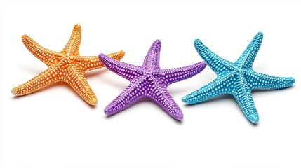 Wall Mural - a photostock of colorful starfish in orange, blue, and purple hues, isolated on a clean white backgr