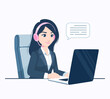 © soleh - Young smiling woman with headphones and laptop .Concept illustration for customer service, assistance, call center. Online customer support and helpdesk. Cartoon vector illustration