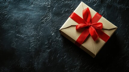 Wall Mural - Gift box wrapped in brown paper with a bright red ribbon against a textured black chalkboard background viewed from above