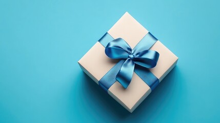 Wall Mural - White gift box adorned with a blue satin ribbon on a vibrant blue background for celebrations and gifting concepts.