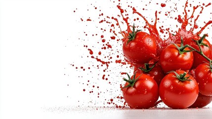 Wall Mural - a photostock of dynamic tomato sauce splashes with fresh tomatoes mid-air, isolated on a clean white