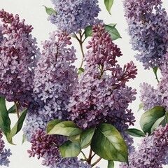 Wall Mural - A watercolor painting of lilac blooms in pastel purple shades on white.