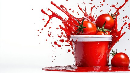 Wall Mural - a photostock of dynamic tomato sauce splashes with fresh tomatoes mid-air, isolated on a clean white