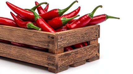 Wall Mural - a photostock of a rustic wooden crate filled with fresh hot chili peppers, isolated on a clean white