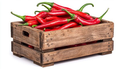 Wall Mural - a photostock of a rustic wooden crate filled with fresh hot chili peppers, isolated on a clean white