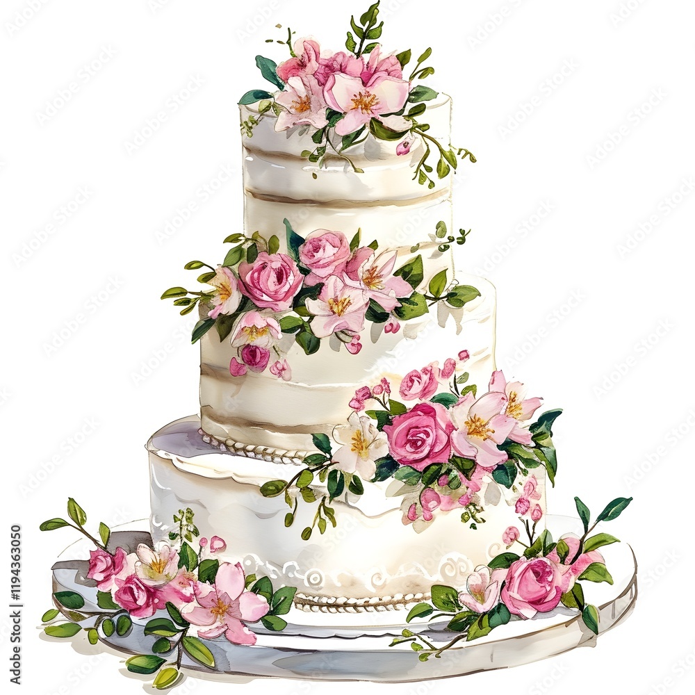 Watercolor Hand painted Wedding Tier Cake with flowers isolated ono ...