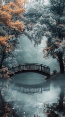 Wall Mural - Serene Autumn Bridge Reflection in Misty Forest