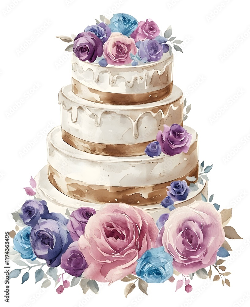 Watercolor Hand painted Wedding Tier Cake with flowers isolated ono ...
