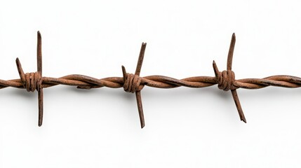 a photostock of barbed wire twisted into intricate patterns, isolated on a clean white background, s