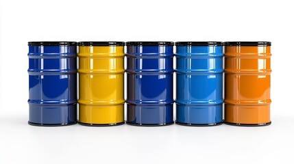 Wall Mural - a photostock of neatly arranged colorful oil barrels in red, blue, yellow, and orange, isolated on a