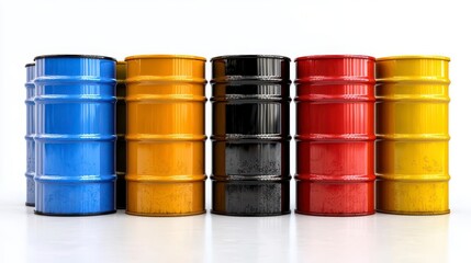 Wall Mural - a photostock of neatly arranged colorful oil barrels in red, blue, yellow, and orange, isolated on a