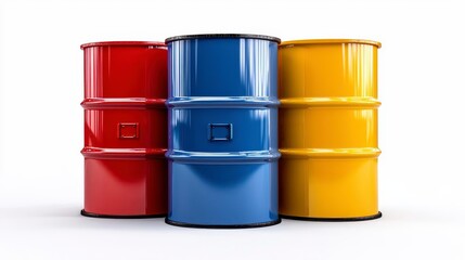 Wall Mural - a photostock of neatly arranged colorful oil barrels in red, blue, yellow, and orange, isolated on a