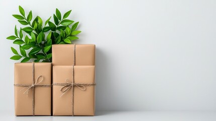 Wall Mural - a photostock of neatly wrapped brown paper packages with visible twine bows, isolated on a clean whi
