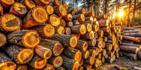 Poster - Golden Hour Lumber Pile in a Forest Setting