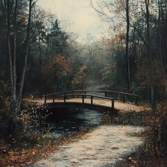 Wall Mural - Autumnal Bridge over a Calm River in the Forest