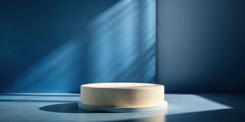 Poster - Modern Minimalist Product Display Platform with Blue Wall and Sunlight