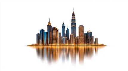 Wall Mural - A photostock of reflective cityscape lights glowing at night with tall skyscrapers, isolated on a clean white background, modern and dynamic, High Quality