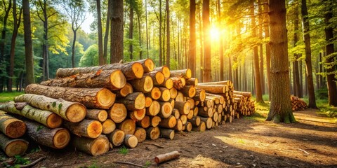 Poster - Golden Hour Lumber Stack in a Verdant Forest