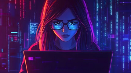 Woman Coder Working Late Night On Computer Program