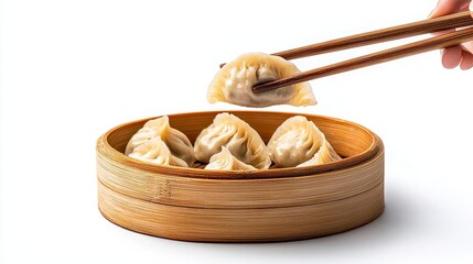 Wall Mural - a photostock of steaming hot dumplings being picked up with chopsticks, isolated on a clean white ba
