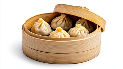 Wall Mural - a photostock of steaming hot dumplings with visible filling and chopsticks, isolated on a clean whit