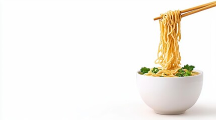 Wall Mural - a photostock of steaming ramen noodles being picked up with chopsticks, isolated on a clean white ba