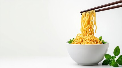 Wall Mural - A photostock of steaming ramen noodles being picked up with chopsticks, isolated on a clean white background, appetizing and dynamic, High Quality