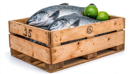 Wall Mural - a photostock of vintage wooden crates filled with fresh fish, isolated on a clean white background, 