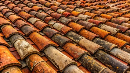 Fototapete - Awe-inspiring view of aged clay roof tiles arranged in an overlapping pattern