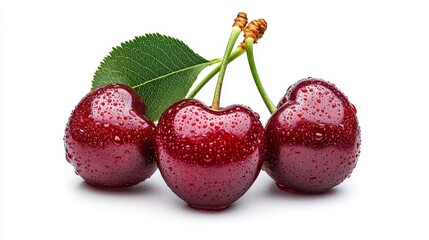 Wall Mural - a photostock of bright red cherries with water droplets and green stems, isolated on a clean white b
