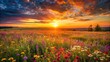 © InspireStock Gallery - Vibrant Wildflower Meadow at Sunset, a Serene and Colorful Landscape