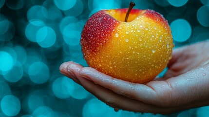 Wall Mural - Juicy apple in hands, teal bokeh background, healthy food concept, stock photo