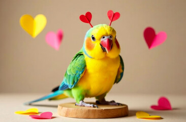 Parrot with heart-shaped decorations stands on a wooden base, surrounded by colorful paper hearts, radiating joy