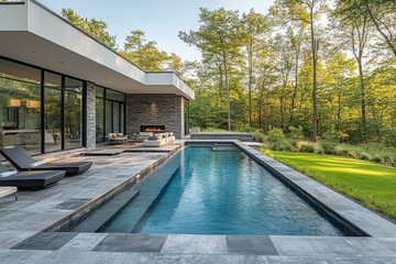 Modern minimalist pool design with luxurious furniture around in-ground swimming pool, lush backyard with tall trees and green grass in Long Island, New York.